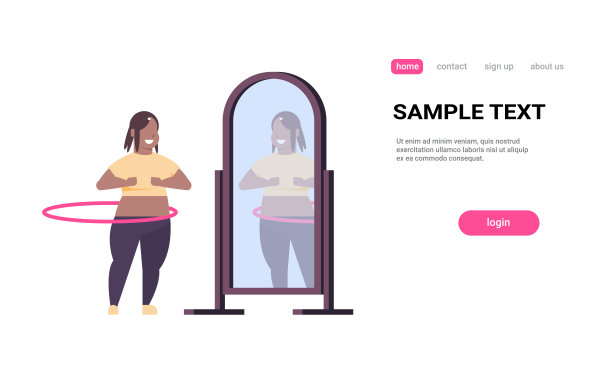 超重的女人做体操旋转锻炼与呼啦圈看着镜子反射非裔美国女孩减肥概念白色背景复制空间全长水平图片下载