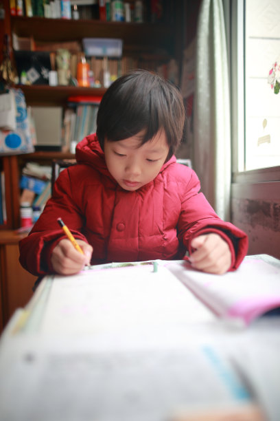 中国孩子在书桌前工作图片下载