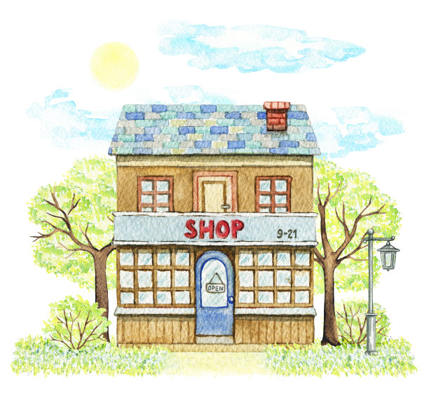 水彩旧卡通市场建筑周围景观图片下载