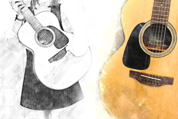 抽象美丽的弹吉他在前景上的水彩画背景和数字插图的笔刷艺术。图片下载