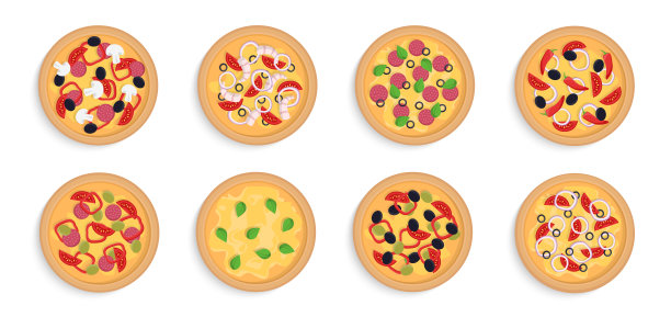 一组隔离在白色背景上的比萨饼。不同的类型。快餐。色彩斑斓的模拟。设计简单的现实。平面风格矢量插图。图片下载