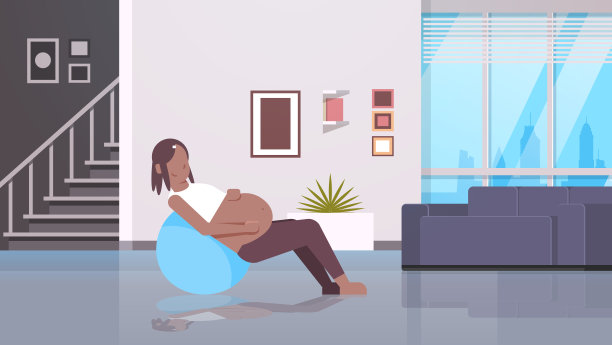 孕妇坐在体操球上，非裔美国女孩锻炼与fitball健身怀孕健康的生活方式概念现代公寓客厅室内全程水平图片下载
