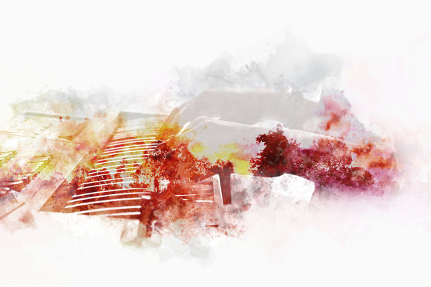 钢琴键盘曝光树景观水彩插画背景画。图片下载