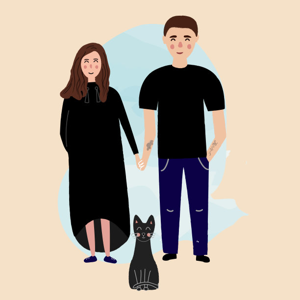 一个快乐的年轻家庭和一只猫。矢量图图片下载
