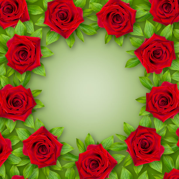 背景红玫瑰和绿色的叶子围绕在绿色的背景。复古风格。实物模型。图片下载