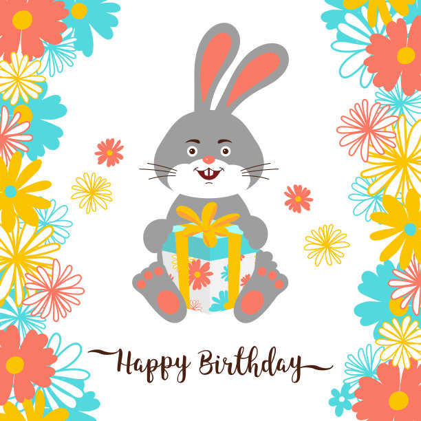 卡通兔子生日快乐贺卡。可爱的兔子抱着礼物，生日快乐的字体，鲜花背景。向量Eps10图片下载