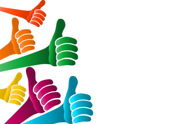 社交网络的概念。有颜色的手，大拇指朝上。分享和跟进。积极的和批准。在线社区。朋友之间的交流。孤立的图片下载