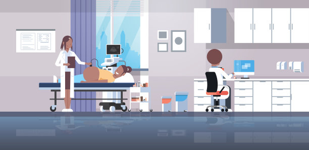 孕妇访非裔美国医生做超声胎儿筛查在数字监控妇科会诊概念现代医院内部水平图片下载