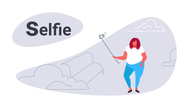 肥胖的胖女人拿着自拍杆超过尺寸的女孩用智能手机拍照女性人物行走在城市公园素描涂鸦水平图片下载