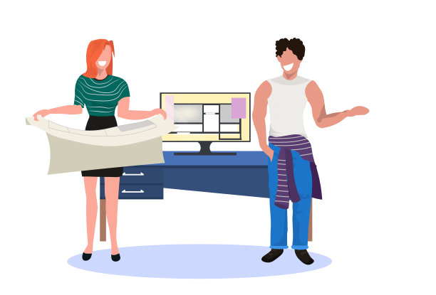 建筑师夫妇持有蓝图工作在计算机软件设计平面平面图建设项目工程师团队建筑概念全长水平图片下载