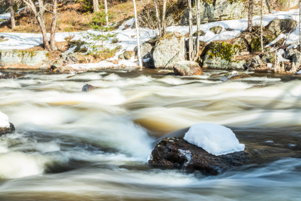 长时间曝光的照片。芬兰库沃拉，粗糙的Jokelanjoki河和水中的石头。图片下载