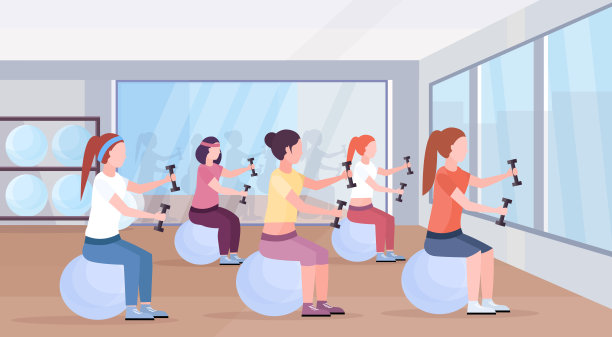 运动妇女组坐健身球女孩抱哑铃做运动训练在健身房有氧普拉提锻炼健康的生活方式概念健身俱乐部工作室室内水平图片下载