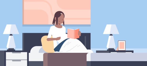 快乐孕妇看书非裔美国女孩坐在床上现代卧室内部怀孕和母亲的概念平水平女性卡通人物图片下载