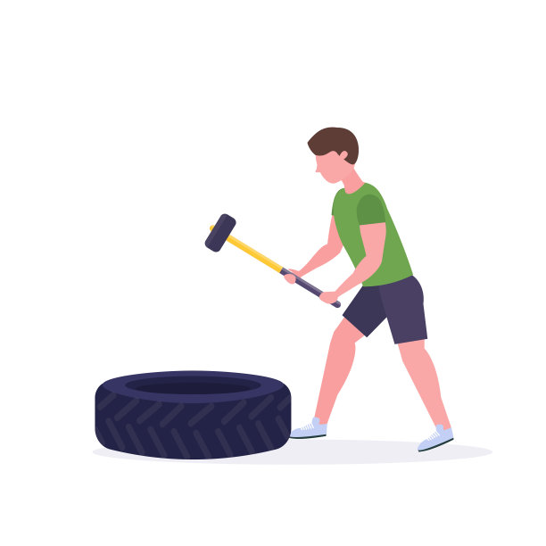 运动男人打大轮胎与悍马做艰苦的锻炼的家伙在健身房健身训练健康的生活方式概念平面白色背景图片下载