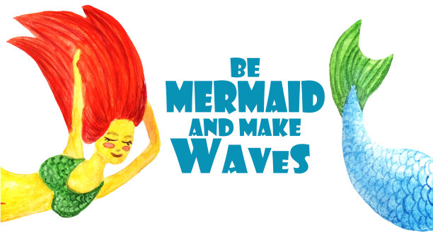 做美人鱼，兴风作浪。一个红发女孩身穿绿色泳衣，头发飘逸，白色背景上有一条鱼或美人鱼的蓝色尾巴。图片下载