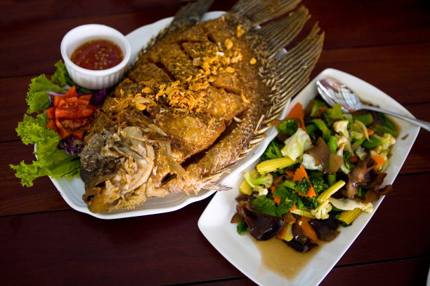 美味的异国炸鱼配酱汁和沙拉。图片下载