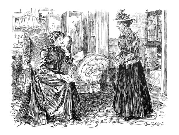 英国讽刺漫画卡通插图-两个女人在房间里交谈-插图图片下载