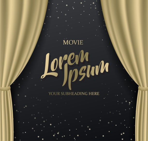 剧院舞台模板与金色沉重的窗帘和金色的文本。图片下载
