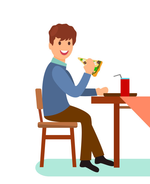 男子吃披萨切片扁平矢量图图片下载