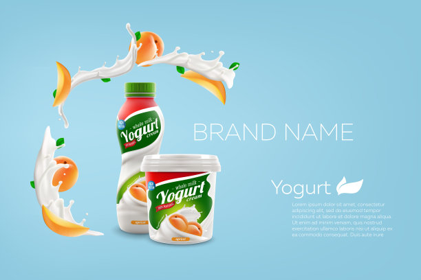 杏酸奶广告与品牌罐和瓶子在明亮的背景与牛奶喷溅商业产品模型矢量现实的插图图片下载