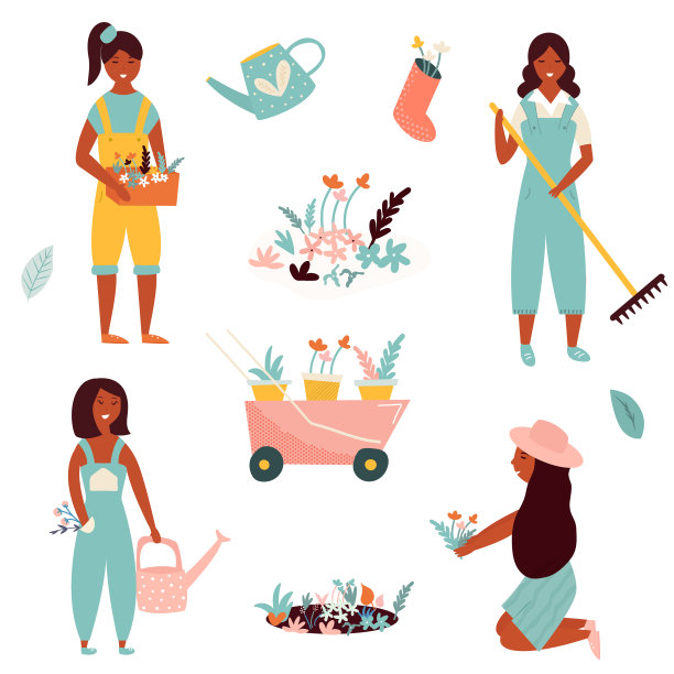 古怪的扁平人在花园里工作。矢量图图片下载