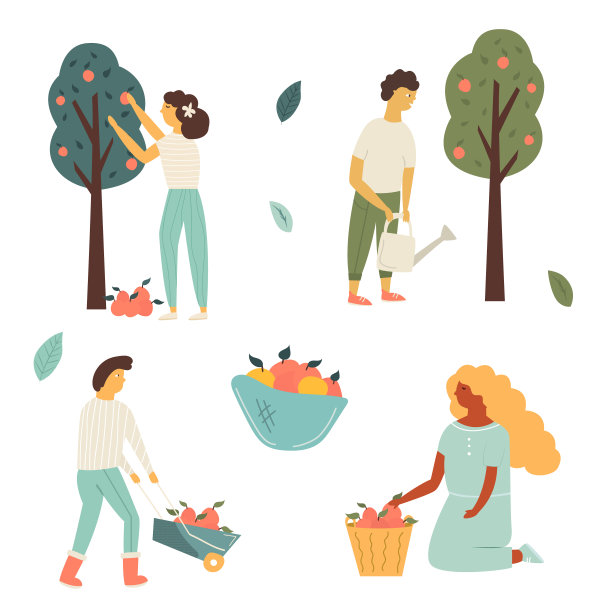 时髦的扁平人在花园里工作，收集作物，浇植物。矢量图图片下载