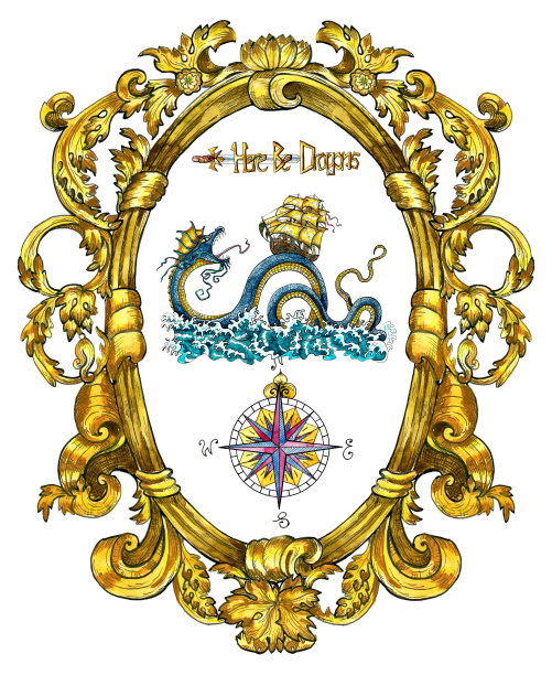 海龙怪物利维坦和旧帆船在装饰架上孤立白色图片下载