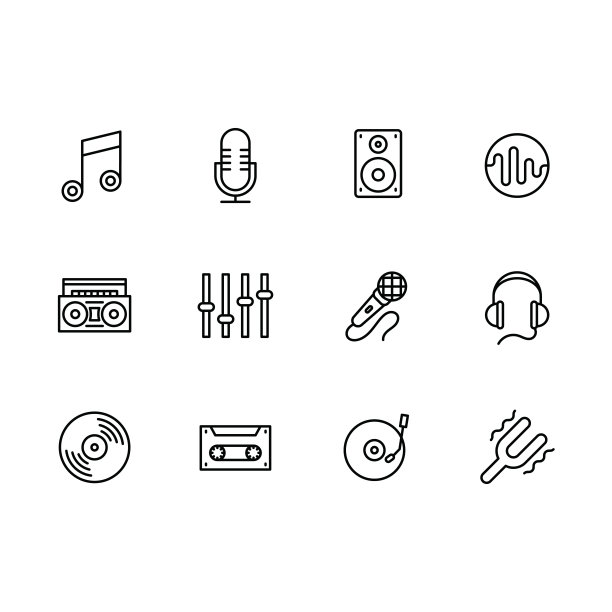简单设置现代和复古音乐设备插图线图标。包含这样的图标笔记，麦克风，音乐扬声器，录音机，均衡器，耳机，老式的乙烯基唱片和播放器，电影盒式磁带图片下载