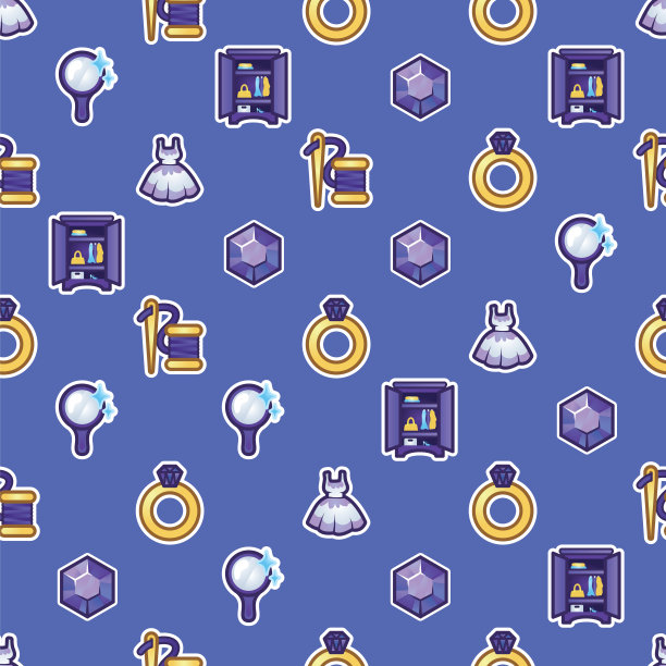 图案连衣裙，衣柜，金戒指，钻石，镜子和针线。女性配饰，时尚无缝图案背景图片下载