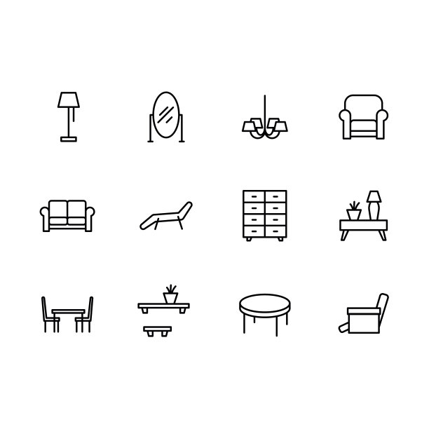 简单的设置符号家具和室内房间线条图标。内含图标灯、化妆镜、吊灯、扶手椅、沙发、沙发、餐桌、客厅等图片下载