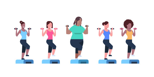 混合赛跑妇女拿着哑铃做下蹲在台阶平台上不同体型的女孩训练在健身房锻炼减肥概念平白色背景水平图片下载