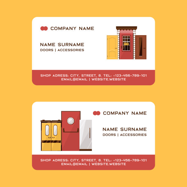 前门为房屋和建筑物的名片矢量插图。室内有木制、玻璃、金属等多种形式的门。购买配件。打开关闭的迹象。公司名称。图片下载