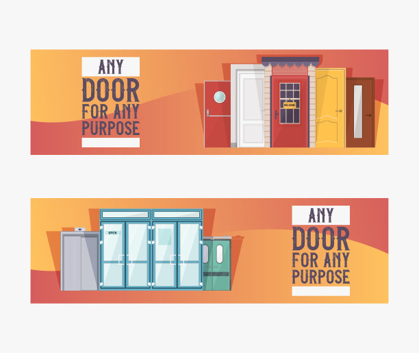 前门的房子和建筑设置在平面设计矢量插图横幅。室内有木制、玻璃、金属等多种形式的门。任何门，任何用途。打开关闭的迹象。图片下载