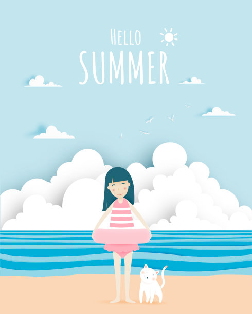 可爱的女孩和猫与美丽的海滩背景纸艺术图片下载