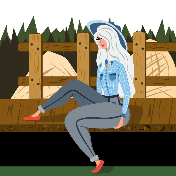 年轻美丽的女孩坐在木地板上，穿着牛仔裙。图片下载