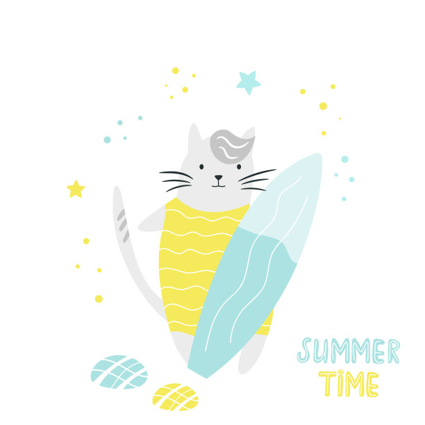 可爱的手绘猫在海滩上。冲浪板。孤立的斯堪的纳维亚卡通插图。图片下载