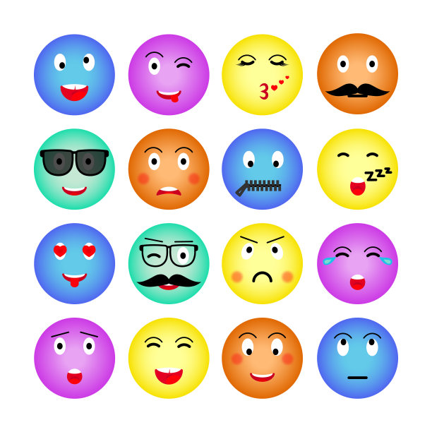 一套彩色的圆形表情。孤立在白色背景上。表情符号用于网站，聊天，短信。矢量插图。向量图片下载