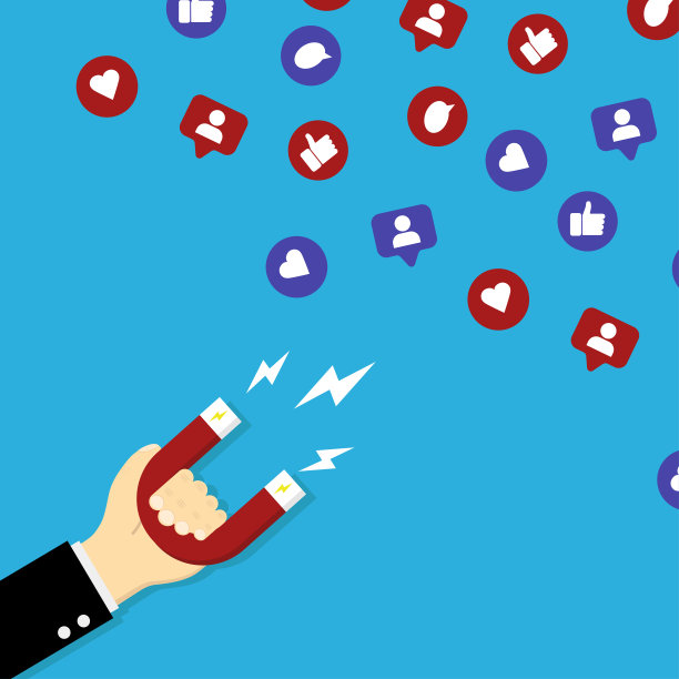 手持磁铁与白色闪电磁化心和大拇指社交媒体标志。图片下载