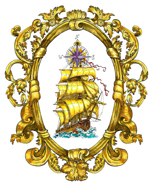 巴洛克式框架的黄色船帆的旧帆船孤立在白色上素材图片