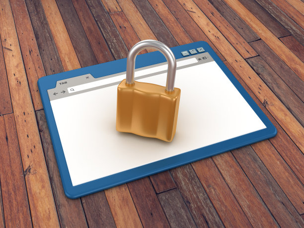 Web浏览器与挂锁木地板背景- 3D渲染图片下载