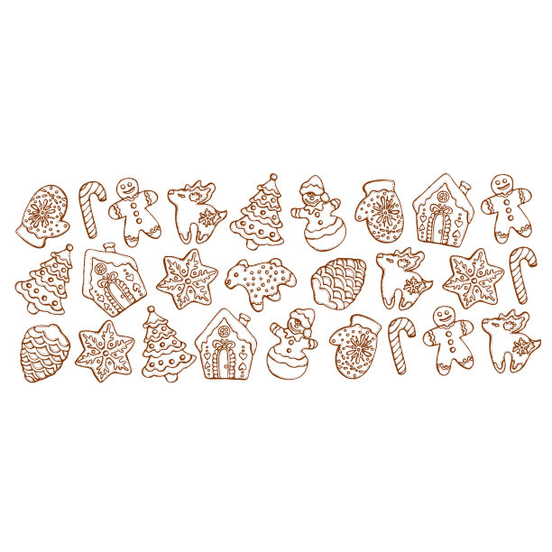一套圣诞节自制姜饼曲奇孤立在白色的背景。圣诞树，雪花，鹿和雪人。矢量插图菜单设计，咖啡馆装饰，送货箱。图片下载