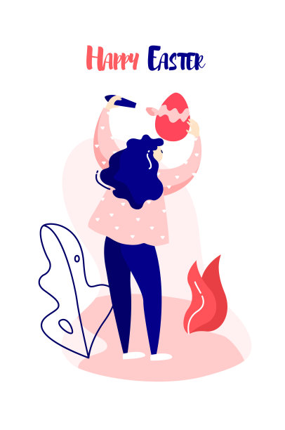 卡通女孩在大自然中画复活节彩蛋。矢量旗帜在平面线性风格。素材图片