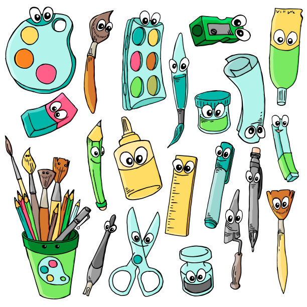 可爱的卡通学校人物收藏。孤立在白色背景上的学校物体的矢量插图。回到学校有趣的笑脸图片下载