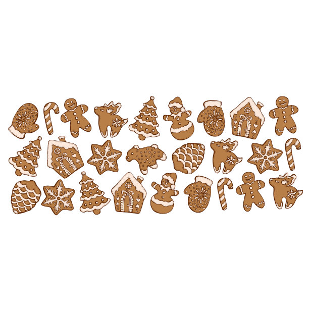 一套圣诞节自制姜饼曲奇孤立在白色的背景。圣诞树，雪花，鹿和雪人。矢量插图菜单设计，咖啡馆装饰，送货箱。图片下载