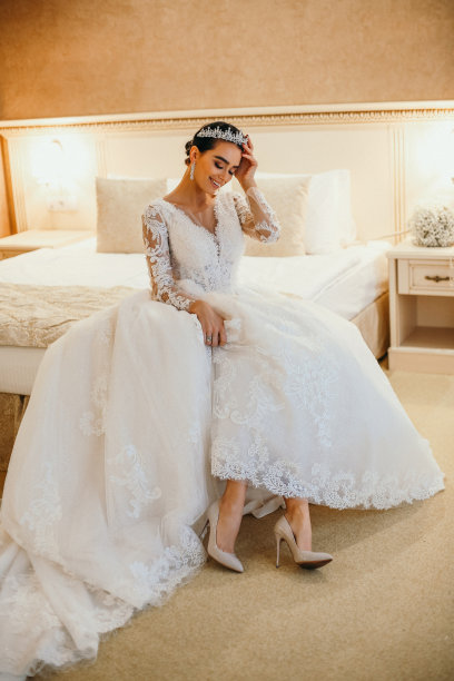 时尚照片美丽的新娘与黑色的头发在豪华的婚纱图片下载