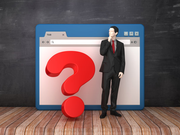 Web浏览器与商业人士和问号黑板背景- 3D渲染图片下载
