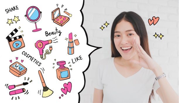 快乐微笑美丽的亚洲女人用手告诉美丽的视频博客和博主与化妆品插画涂鸦的背景。美妆网红对社交媒体概念的影响。图片下载