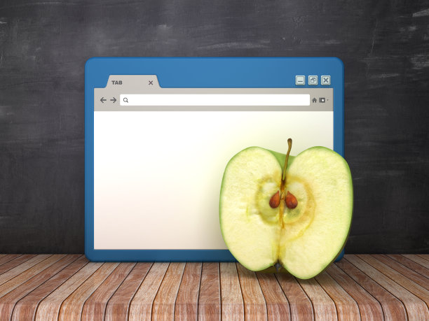 Web浏览器与苹果在黑板背景- 3D渲染图片下载
