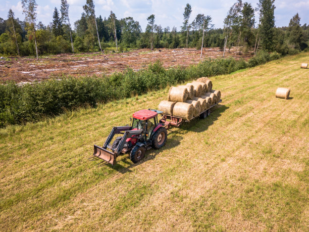 无人机照片的农民收割干草卷在麦田与红色拖拉机-阳光明媚的夏天图片下载