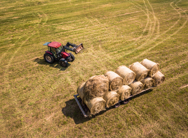 无人机照片的农民收割干草卷在麦田与红色拖拉机-阳光明媚的夏天图片下载